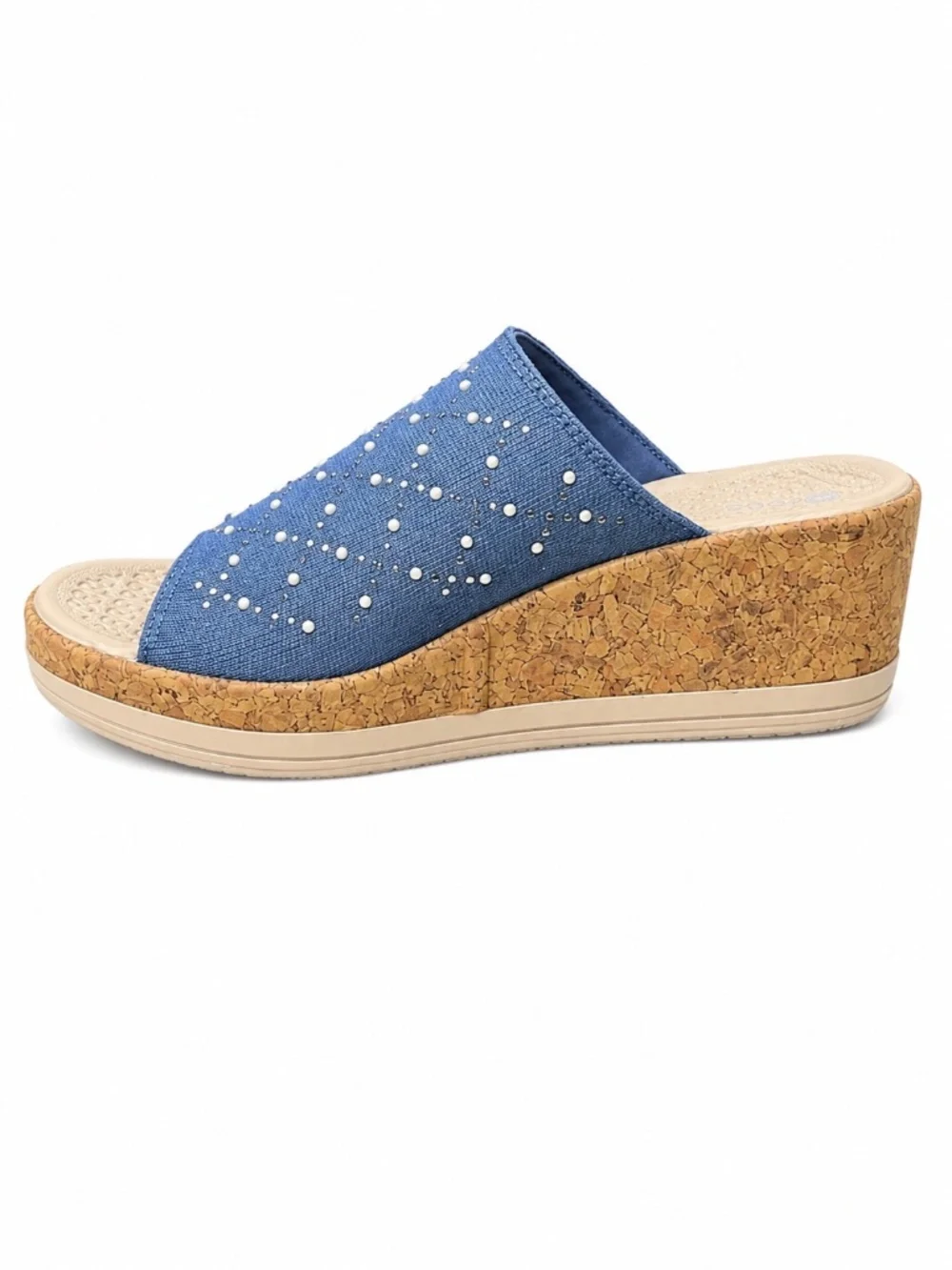 Bzees Blue Embellished Cork-Style Wedge Slide Sandals Size 6.5M